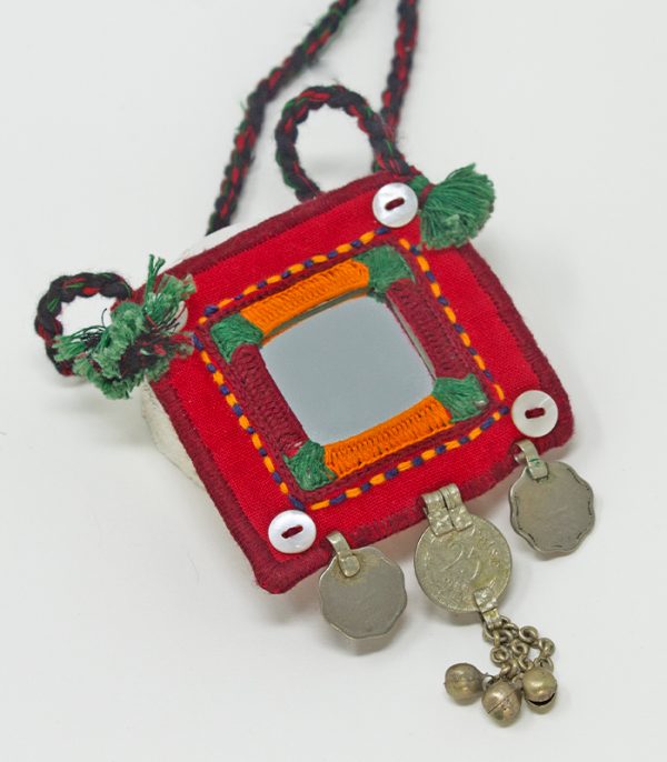 Big square mirror, Three coin Hand Embroidered Necklace