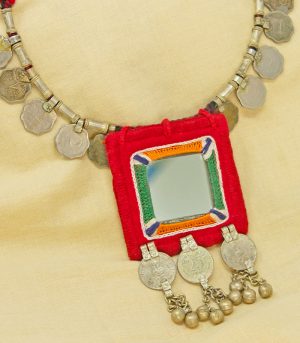 big square mirror, two paisa coin neckles ornament & Hand Embroidered necklece