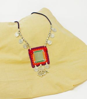 big square mirror, two paisa coin metal ornament Hand Embroidered necklace