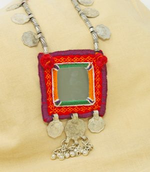 big square mirror, two paisa coin metal ornament Hand Embroidered necklace