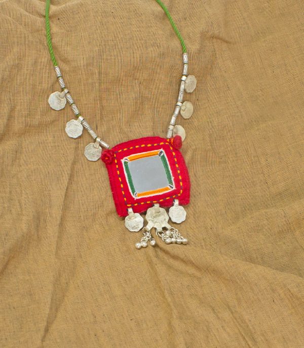 big square mirror, two paisa coin ,sheli metal ornament Hand Embroidered necklace