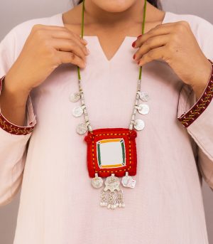 big square mirror, two paisa coin ,sheli metal ornament Hand Embroidered necklace