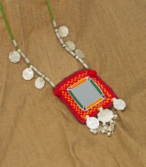 big square mirror, two paisa coin, sheli Metal ornament with Hand Embroidered necklace