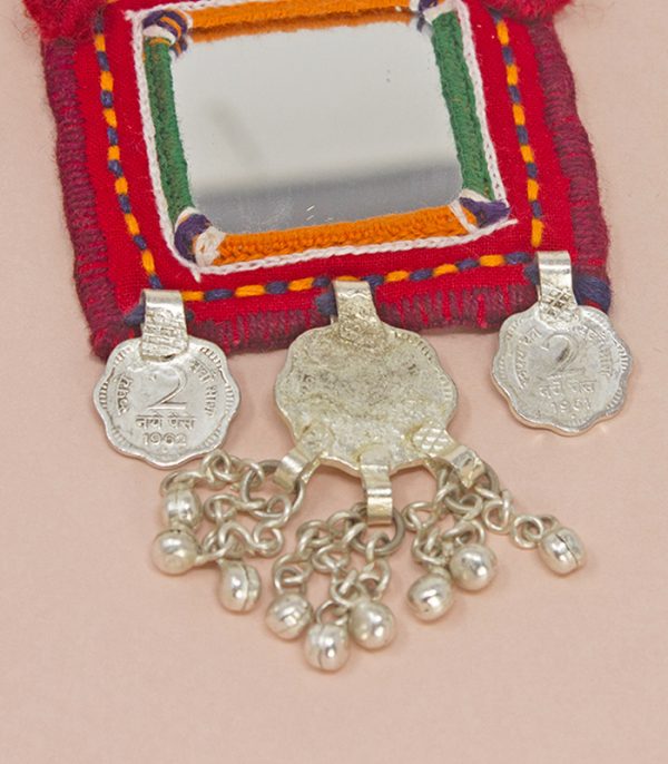 big square mirror, eighth paisa coin ,sheli metal ornament Hand Embroidered necklace
