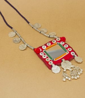 big square mirror, two paisa coin, sheli metal ornament Hand Embroidered necklace