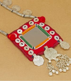big square mirror, two paisa coin, sheli metal ornament Hand Embroidered necklace