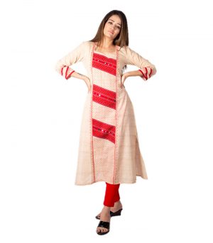 Off-White Cotton Kurti with Red Embroidery