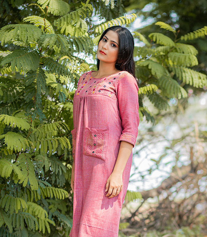 Pink Cotton Kurti | Handwoven Banjara Embroidery Work Kurti - BANJARA STYLE SUIT DESIGNS