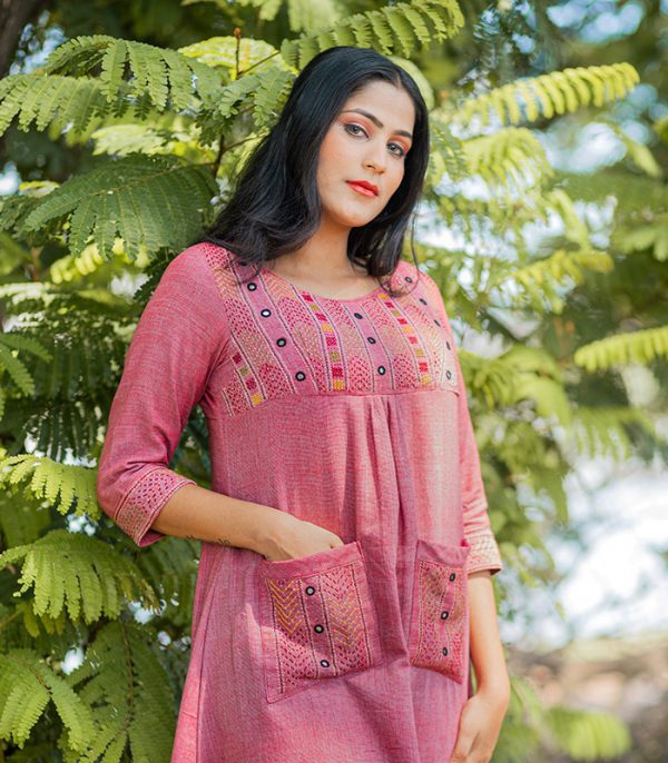 Pink Cotton Kurti | Handwoven Banjara Embroidery Work Kurti
