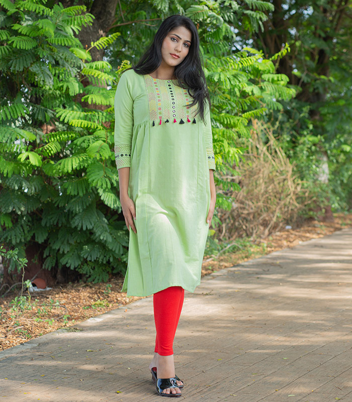 Light-Green Cotton Kurti with Banjara Embroidery- BANJARA STYLE SUIT DESIGNS