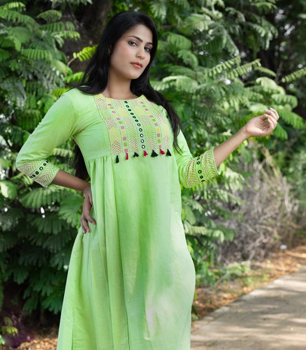 Light-Green Cotton Kurti with Banjara Embroidery