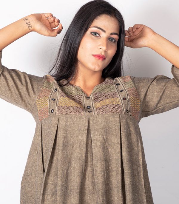 Olive Cotton Kurti With Embroidery