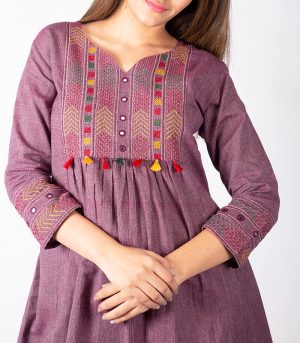 Plum Coloured Kurti with Mirror Embroidery