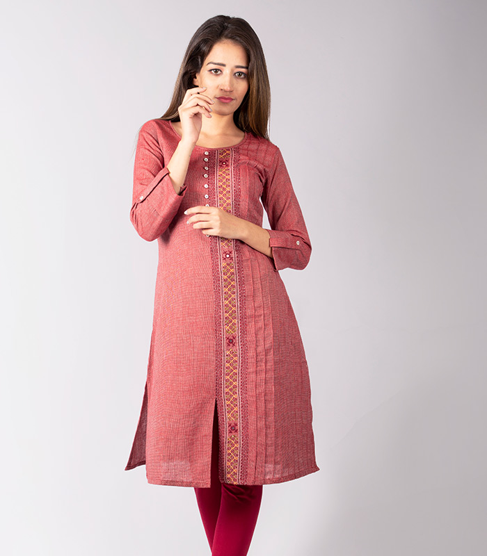 Long red kurti and pant with beautiful floral prints - Kurti Fashion
