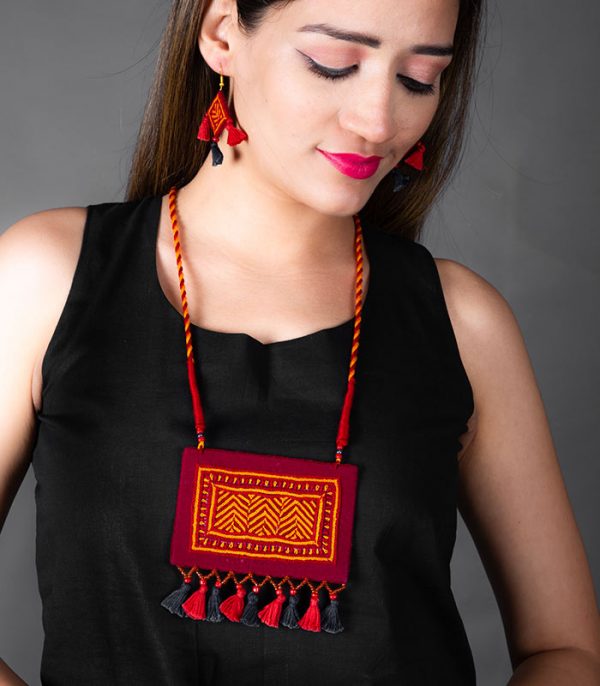 Women's Red Necklace with Banjara Embroidery