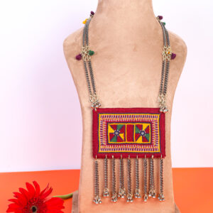 handcrafted banjara (gormati) fabric necklace with gor embroidery & silver chain tassels