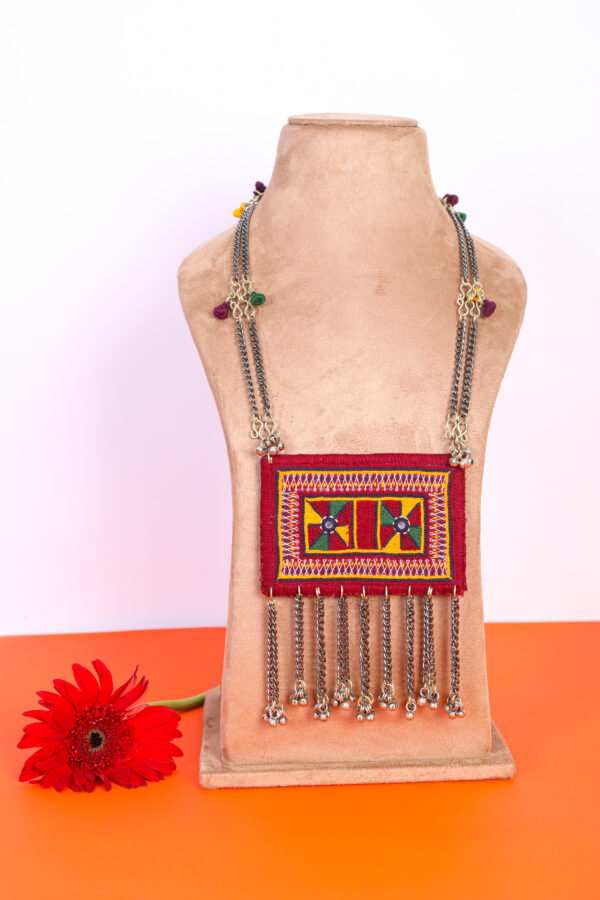 handcrafted banjara (GORMAATI) fabric necklace with gor embroidery & silver chain tassels