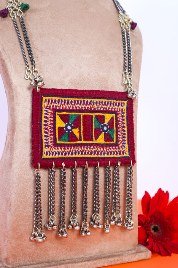 handcrafted banjara (GORMAATI) fabric necklace with gor embroidery & silver chain tassels