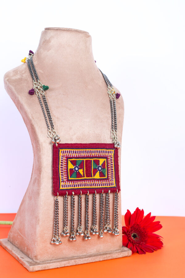 handcrafted banjara (GORMAATI) fabric necklace with gor embroidery & silver chain tassels