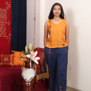 mustard yellow embroidered sleeveless top with navy blue palazzo co ord set