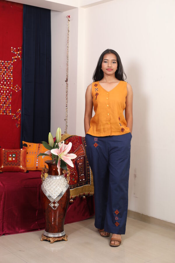 mustard yellow embroidered sleeveless top with navy blue palazzo co ord set