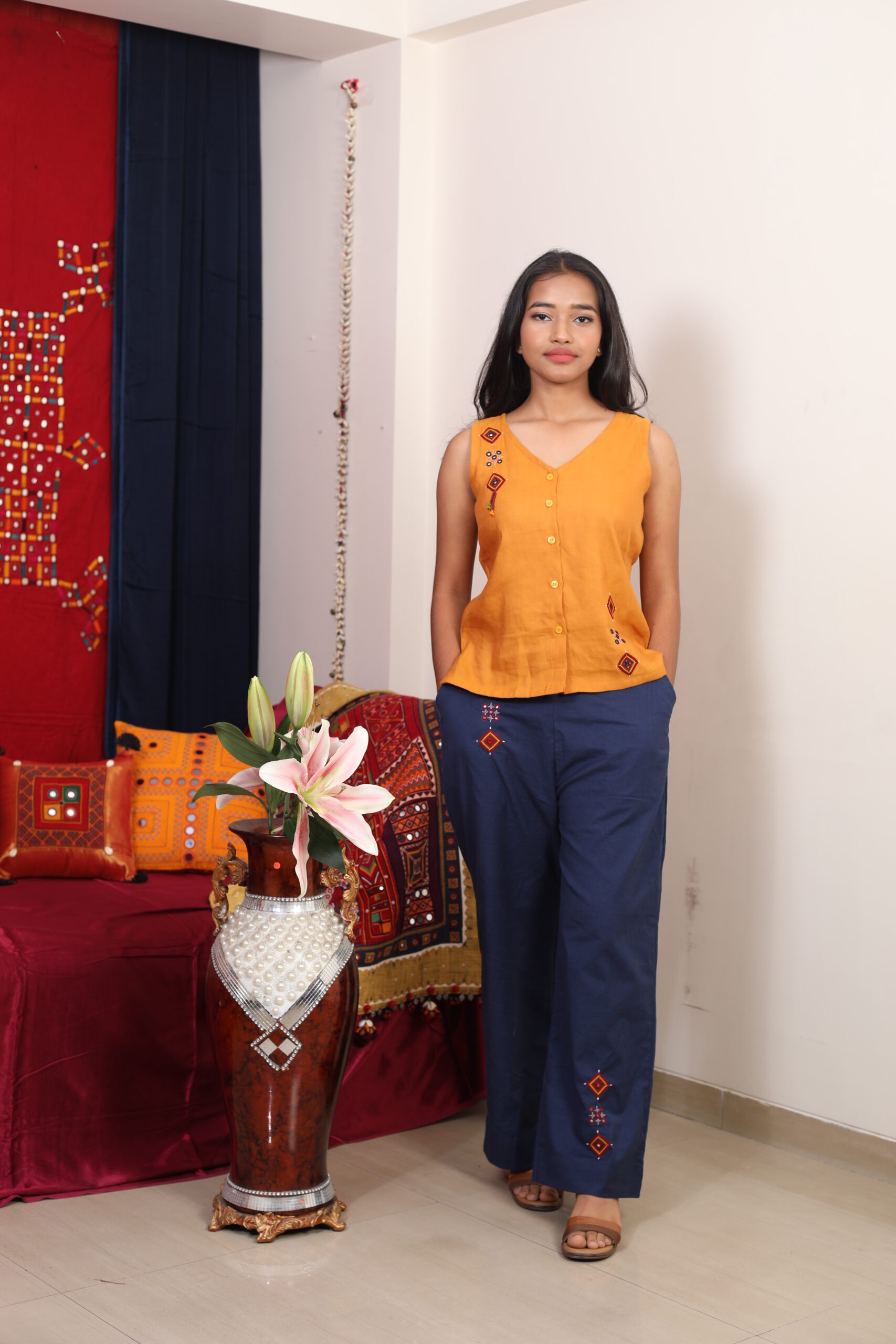 mustard yellow embroidered sleeveless top with navy blue palazzo co ord set