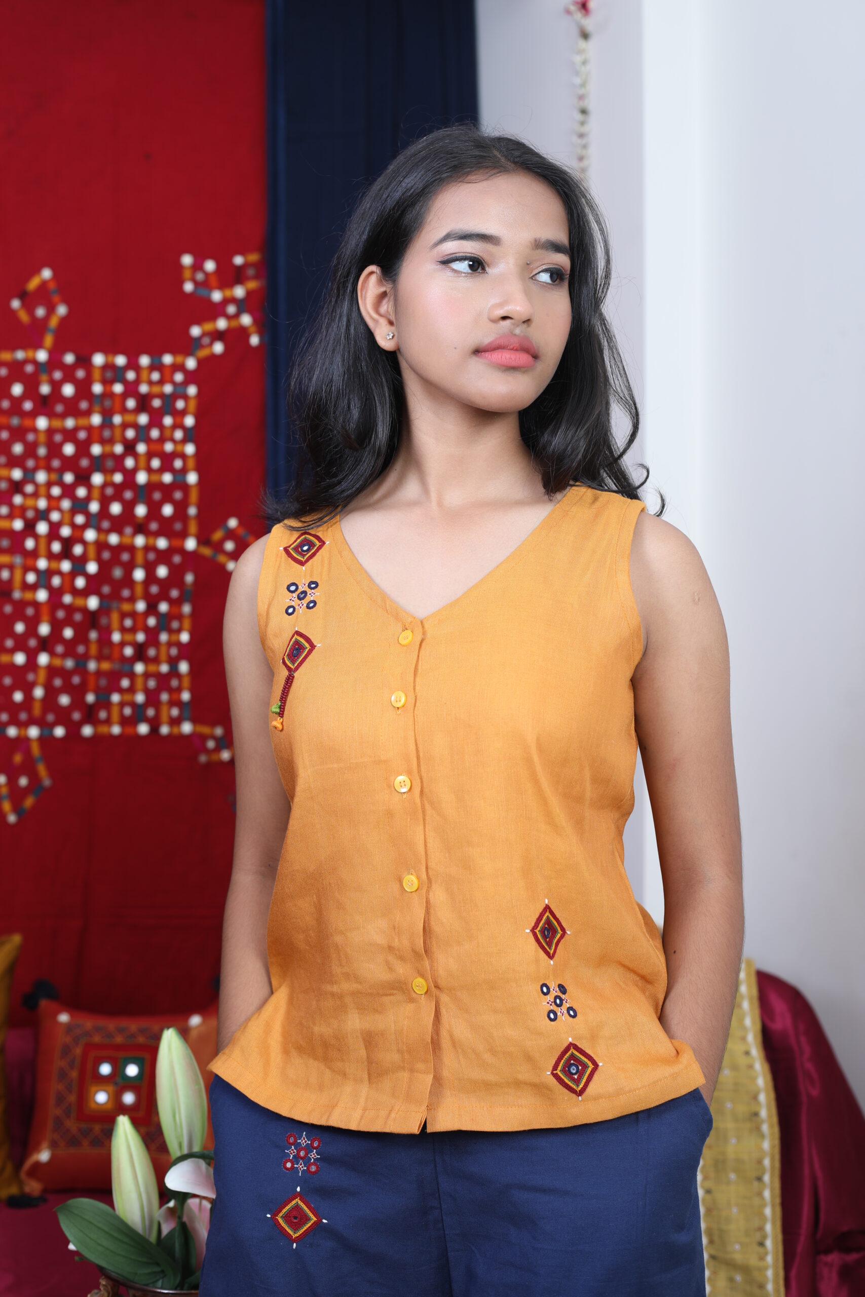mustard yellow embroidered sleeveless top with navy blue palazzo co ord set