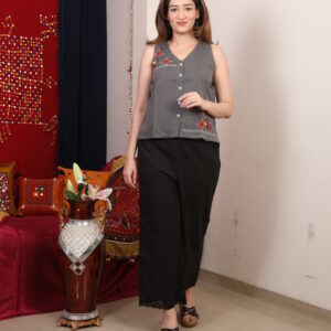 charcoal grey embroidered sleeveless top with black palazzo co ord set