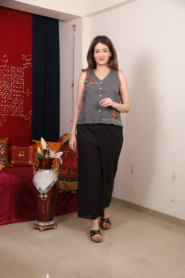charcoal grey embroidered sleeveless top with black palazzo co ord set