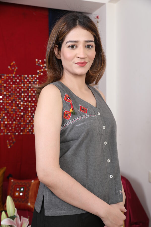 charcoal grey embroidered sleeveless top with black palazzo co ord set