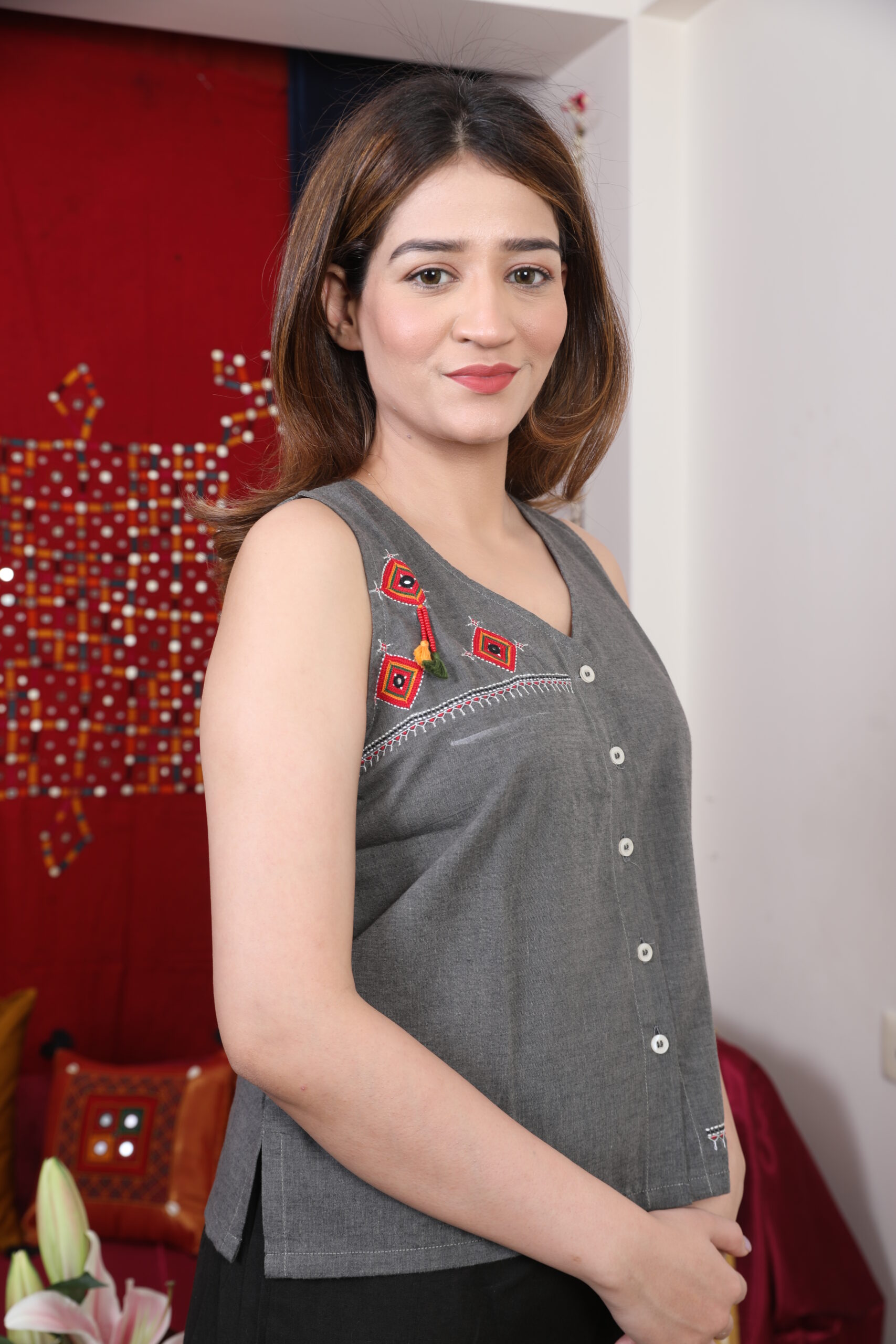 charcoal grey embroidered sleeveless top with black palazzo co ord set