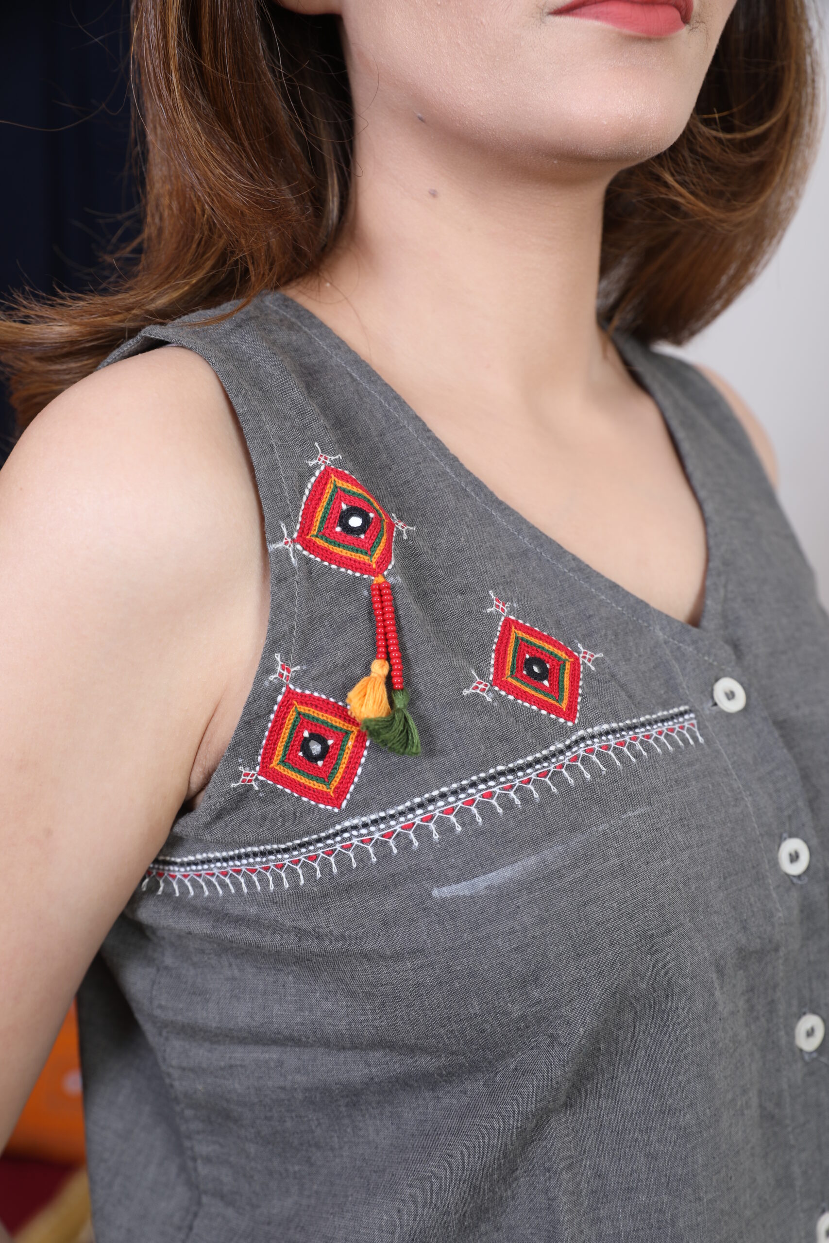 charcoal grey embroidered sleeveless top with black palazzo co ord set