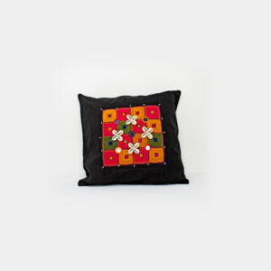handcrafted black cushion cover with multicolor patchwork embroidery & floral appliqué – ethnic decorative throw pillow cover (16x16 inch)