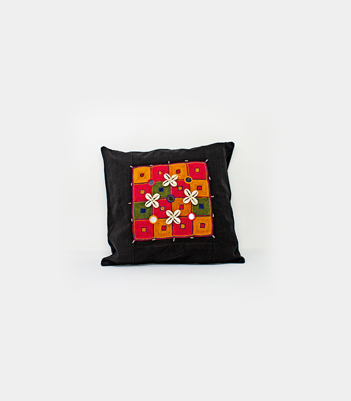 handcrafted black cushion cover with multicolor patchwork embroidery & floral appliqué – ethnic decorative throw pillow cover (16x16 inch)