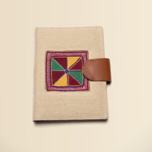 handcrafted linen diary with multicolor embroidered motif & leather closure