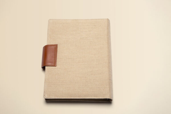 handcrafted linen diary with multicolor embroidered motif & leather closure