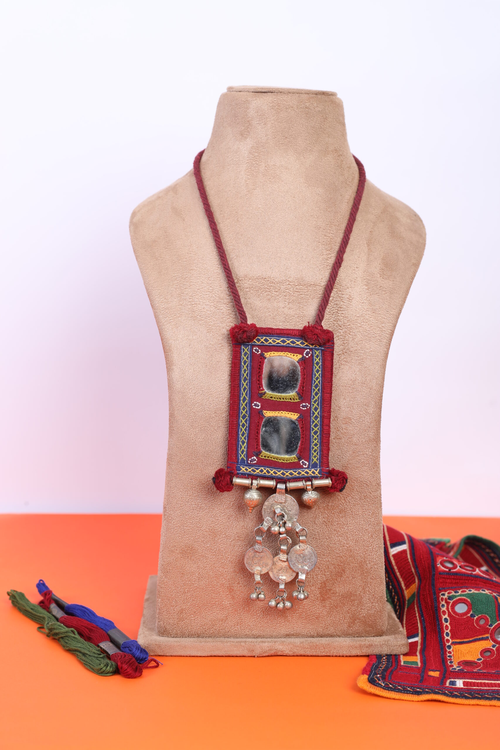 handcrafted Gormaati mirror work pendant necklace with coin tassels