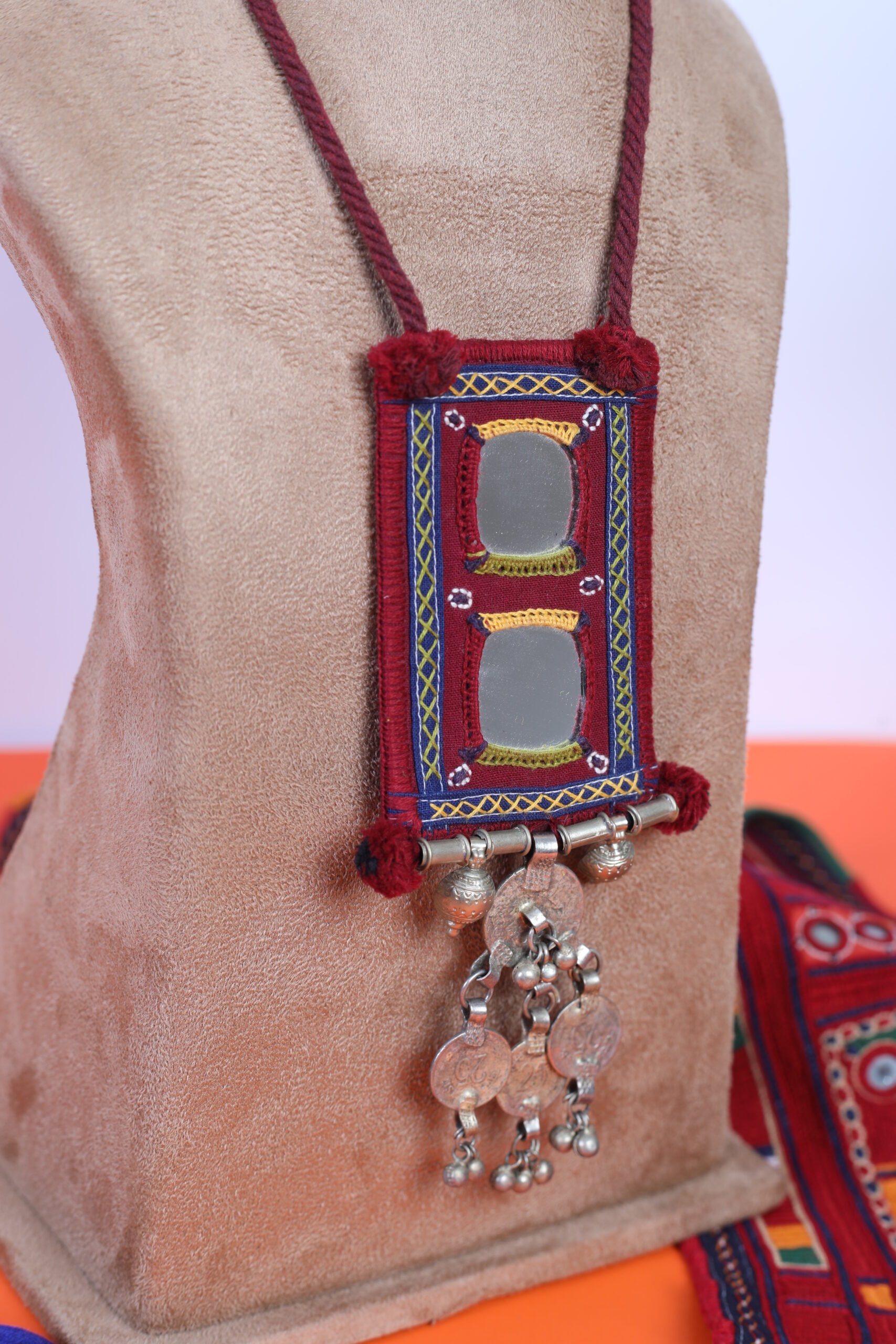 handcrafted Gormaati mirror work pendant necklace with coin tassels