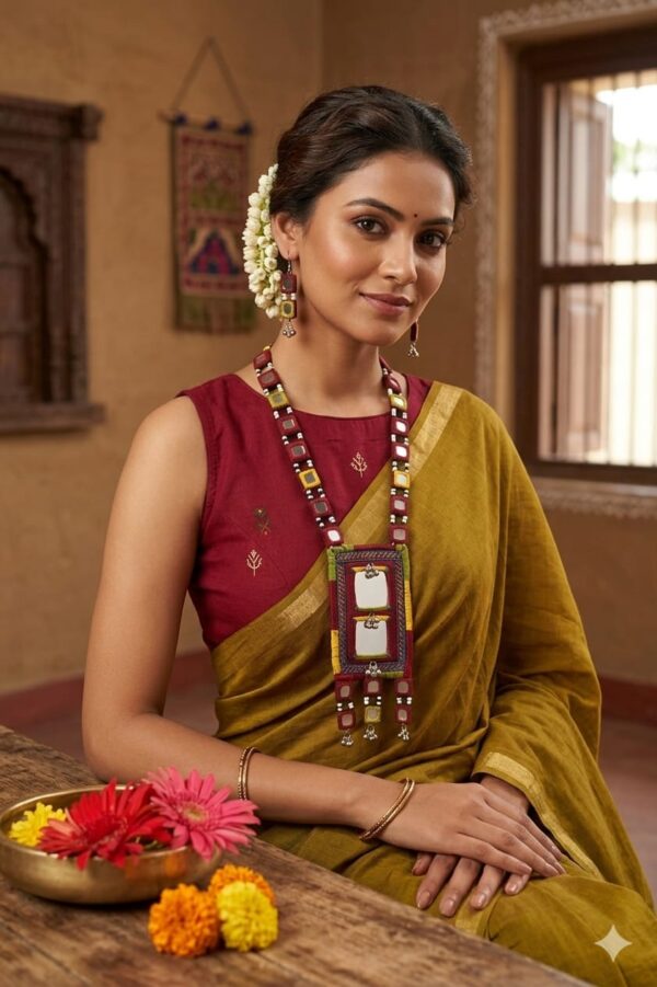 handcrafted Gormaati mirror pendant necklace set with embroidered strap