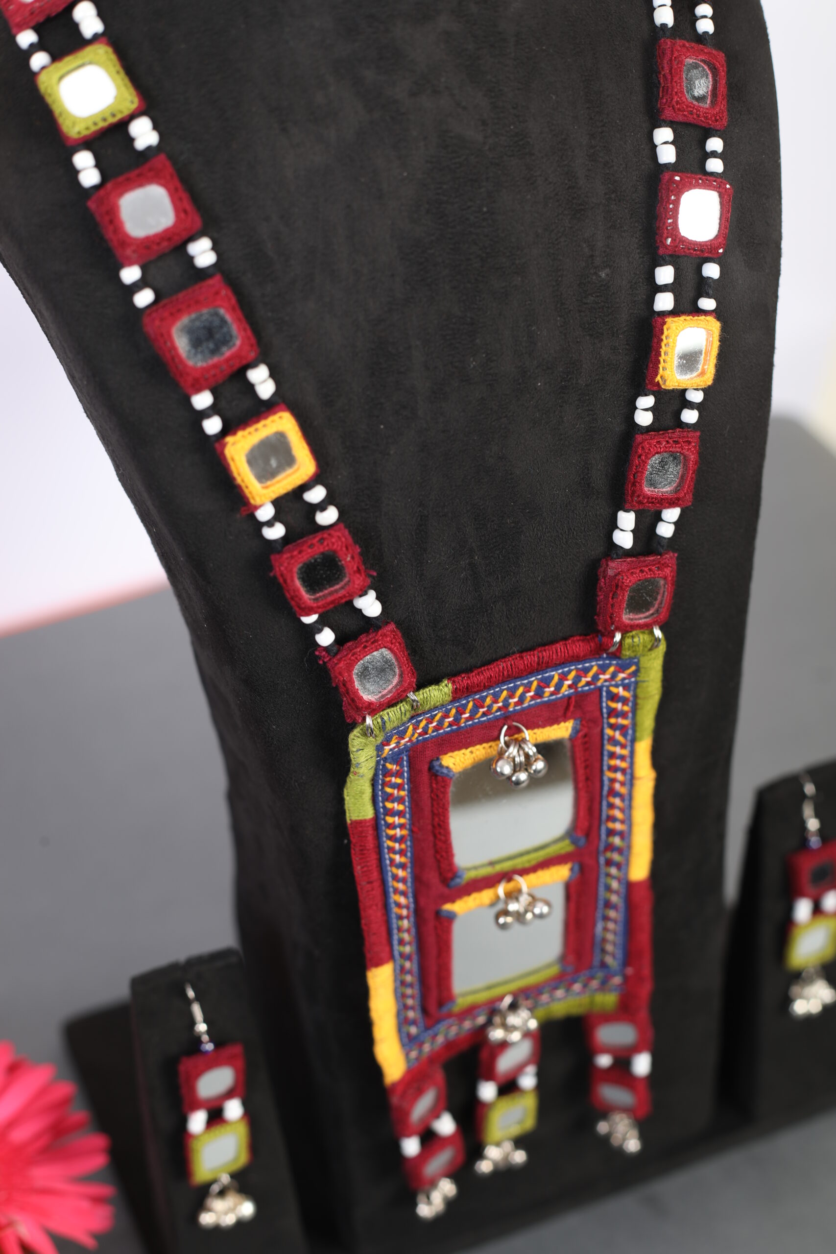 handcrafted Gormaati mirror pendant necklace set with embroidered strap