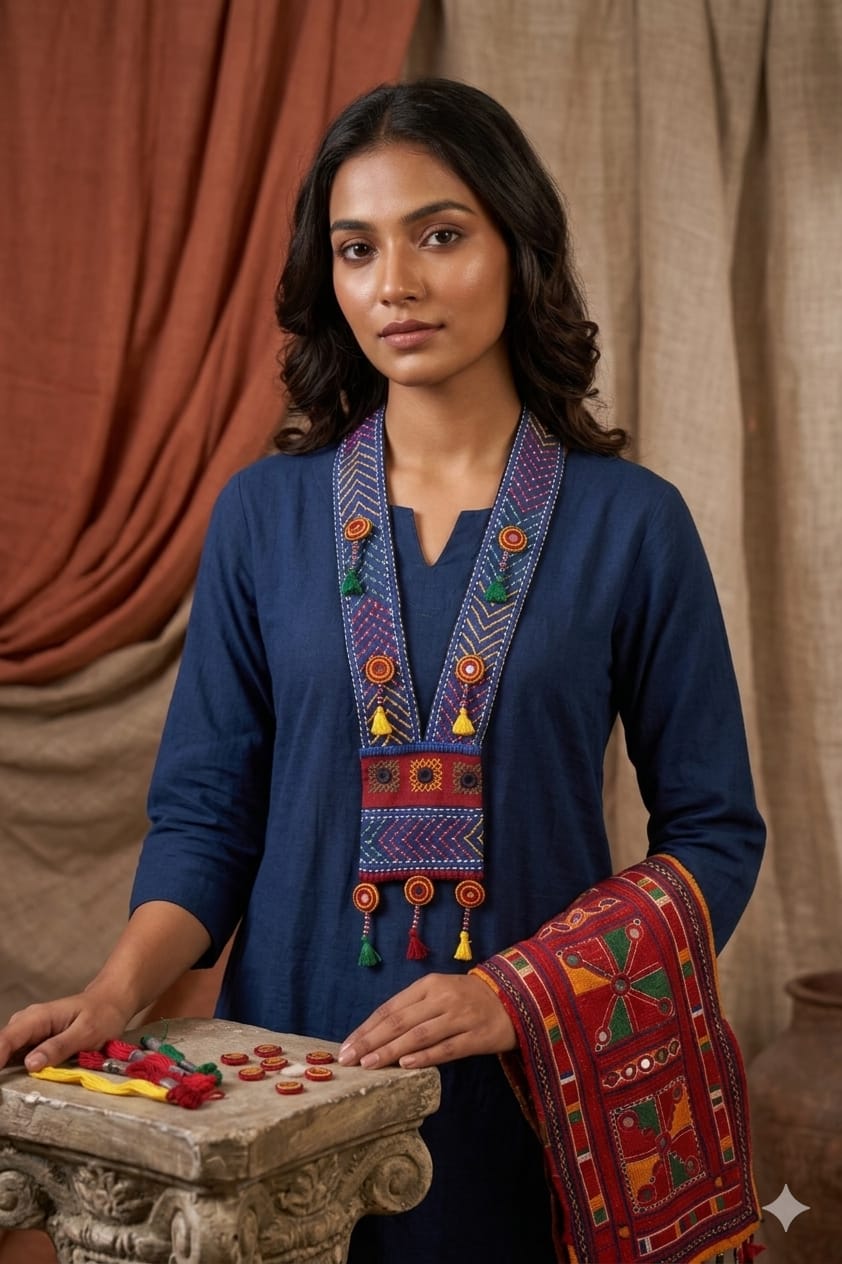 handcrafted embroidered long pendant necklace with tassel detailing
