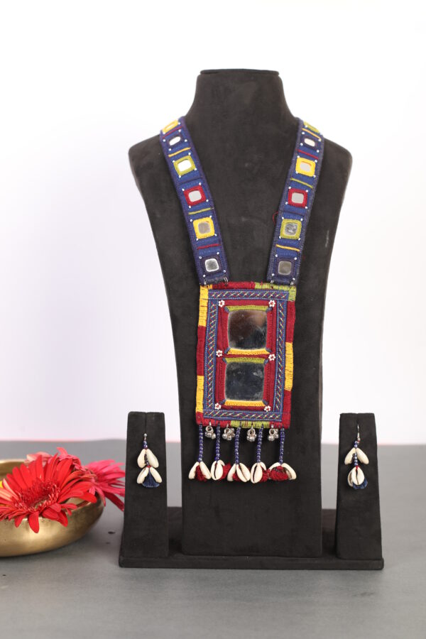 handcrafted Gormaati mirror pendant necklace with embroidered strap and shell drops