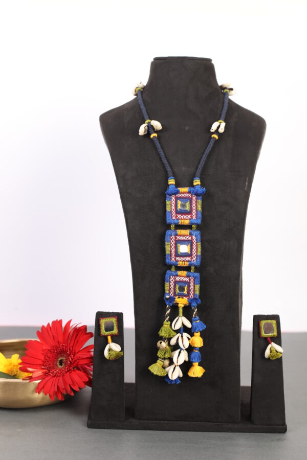 handcrafted Gormaati layered pendant necklace with mirror work and shell tassels