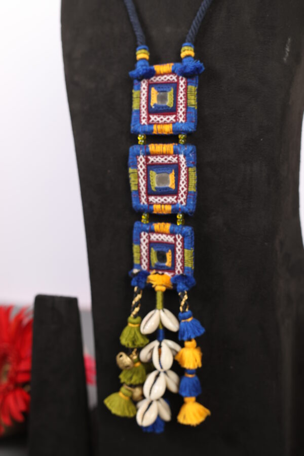 handcrafted Gormaati layered pendant necklace with mirror work and shell tassels