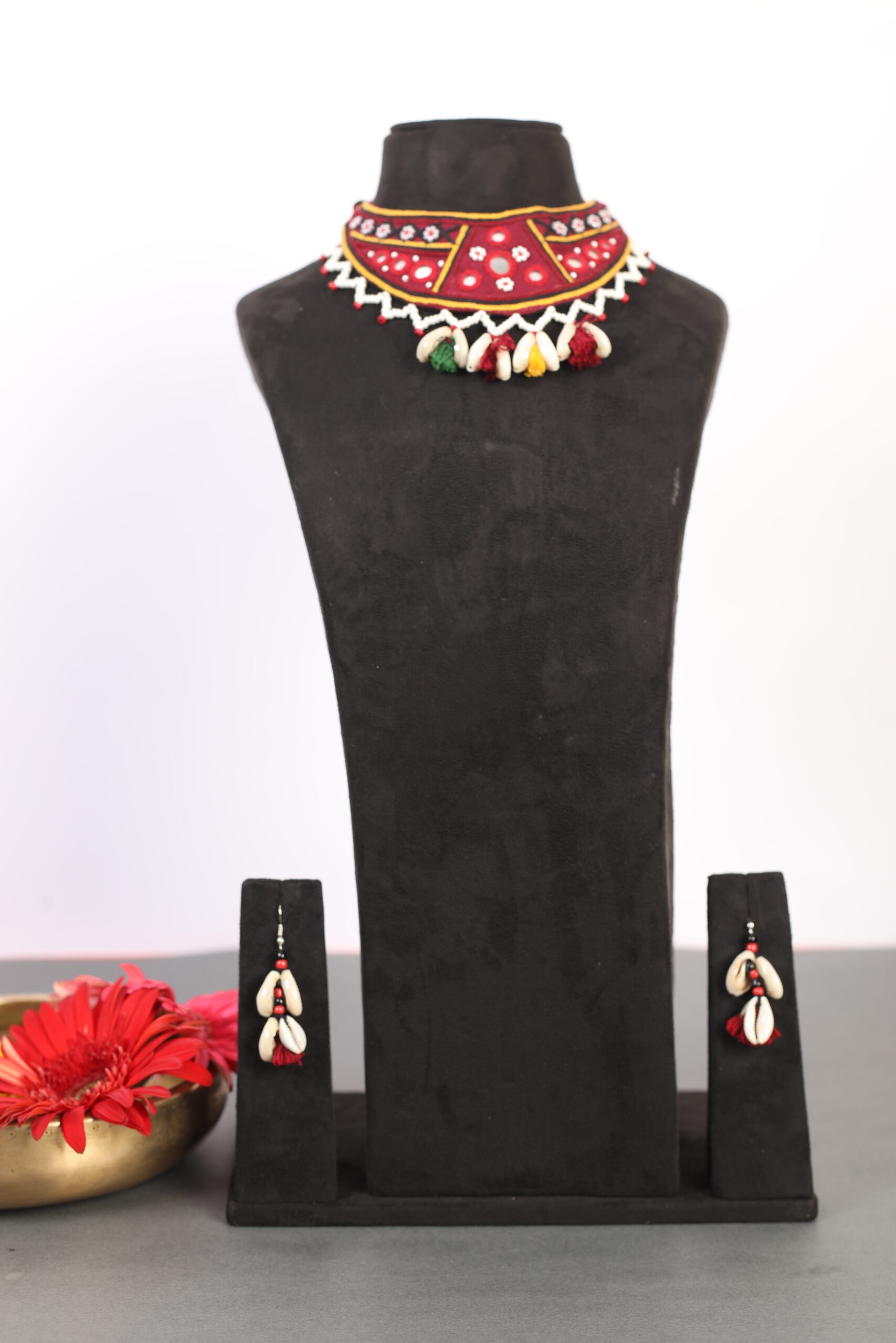handcrafted Gormaati mirror work choker necklace set with shell drops