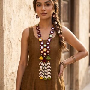 handcrafted boho tribal mirror necklace with shell tassels set