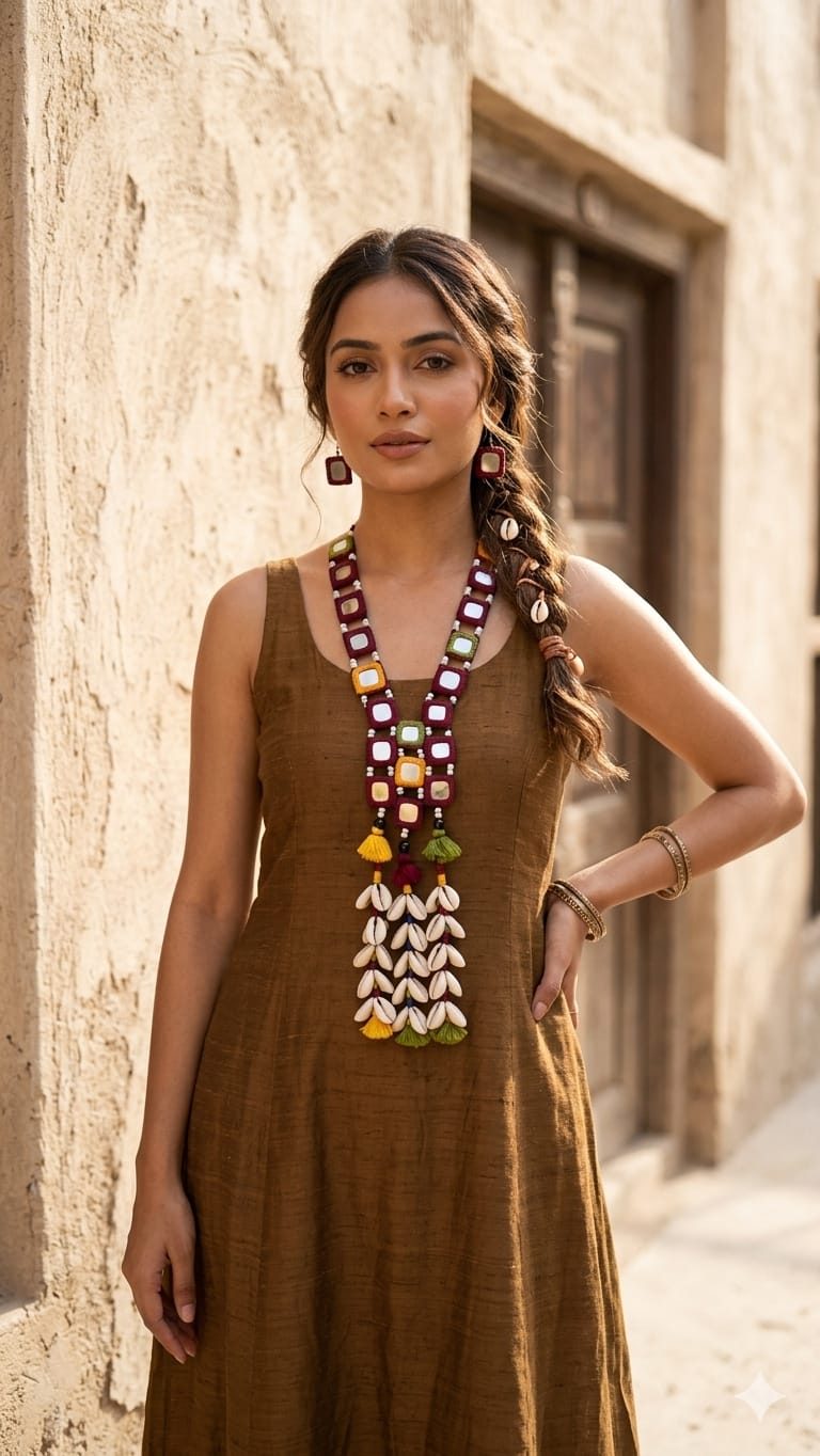 handcrafted Traditional Gormaati mirror necklace with shell tassels set