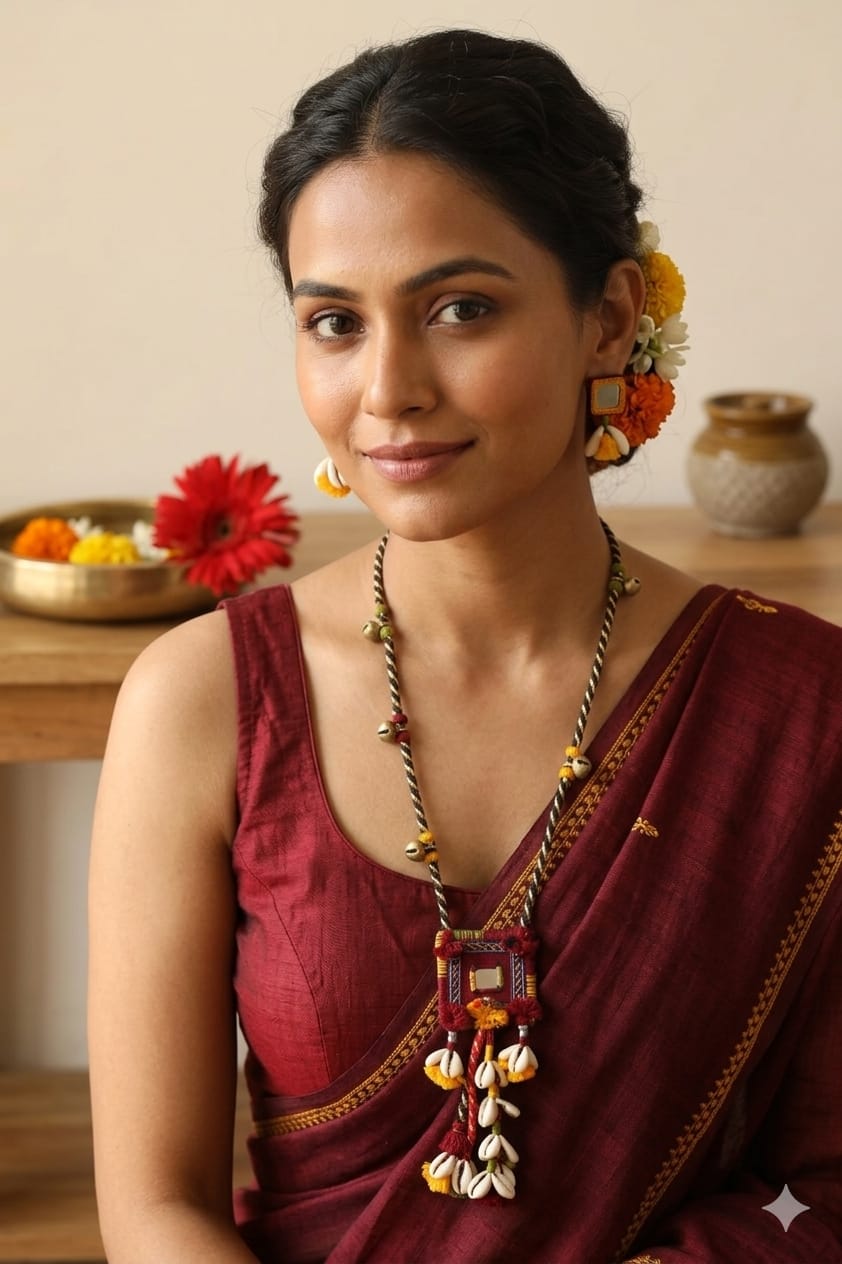 handcrafted Gormaati pendant necklace with mirror and shell tassels
