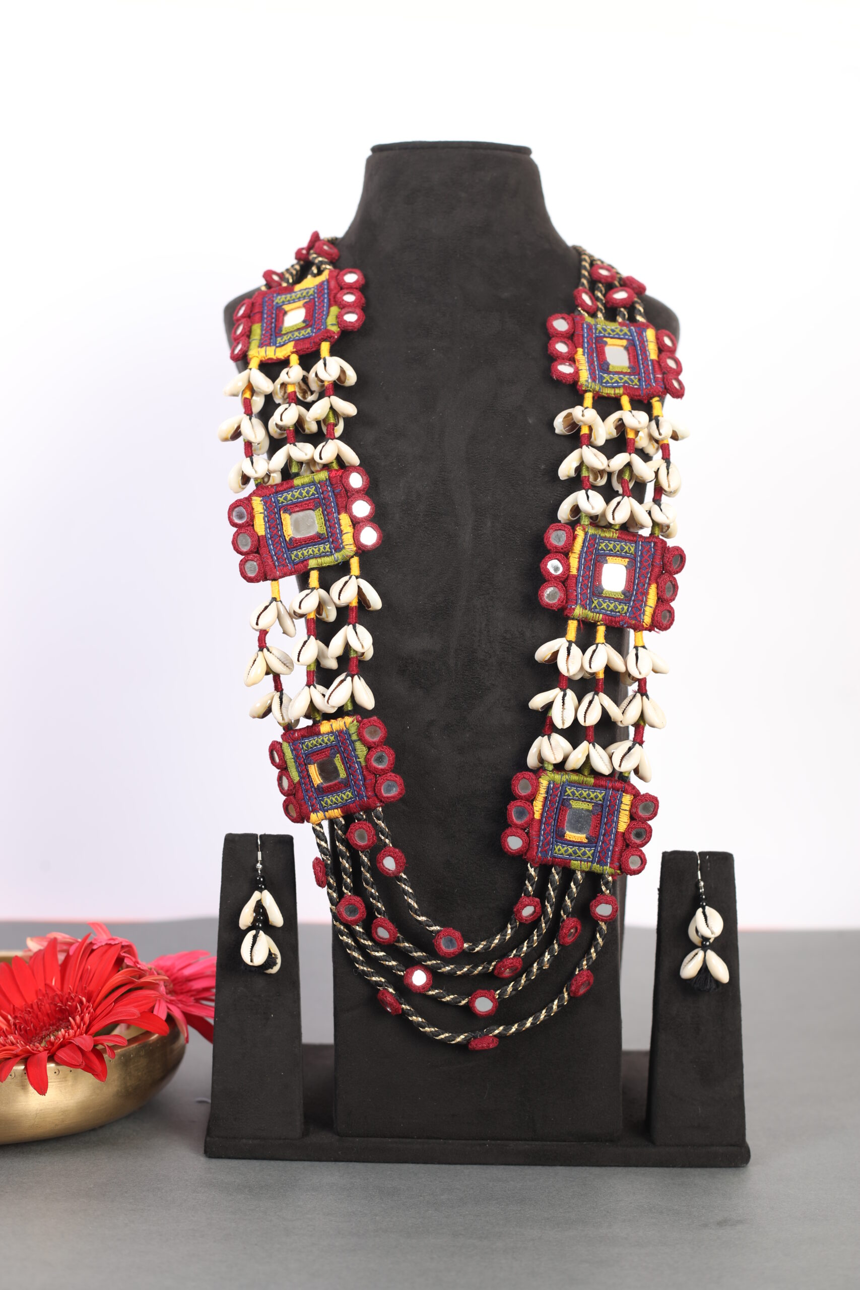handcrafted Gormaati layered long necklace with mirror panels and shell tassels