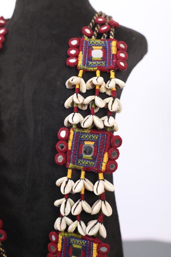 handcrafted Gormaati layered long necklace with mirror panels and shell tassels